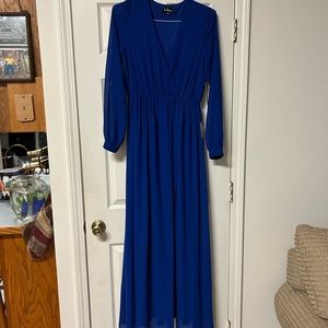 Lulu’s royal blue dress with leg slit, sheer sleeves, size M